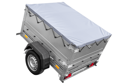 Remolque de coche nuevo GARDEN TRAILER 150 BASCULANTE con laterales adicionales, rueda de apoyo y lona plana gris