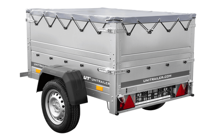 Remolque de coche nuevo GARDEN TRAILER 150 BASCULANTE con laterales adicionales, rueda de apoyo y lona plana gris