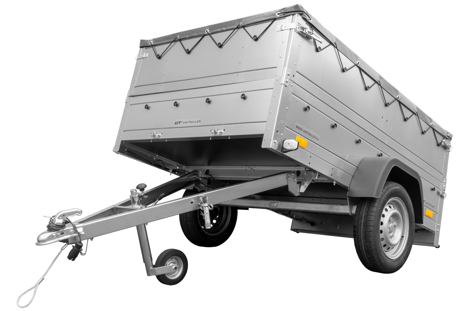 Remolque basculante para coche 750 kg GARDEN TRAILER 201 KIPP con paredes laterales adicionales, rueda de apoyo y lona plana gris