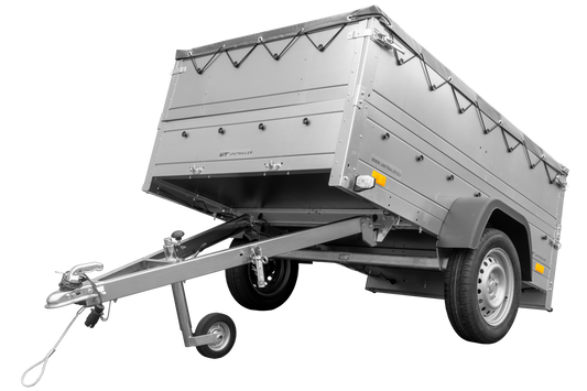 Remolque basculante para coche 750 kg GARDEN TRAILER 201 KIPP con paredes laterales adicionales, rueda de apoyo y lona plana gris