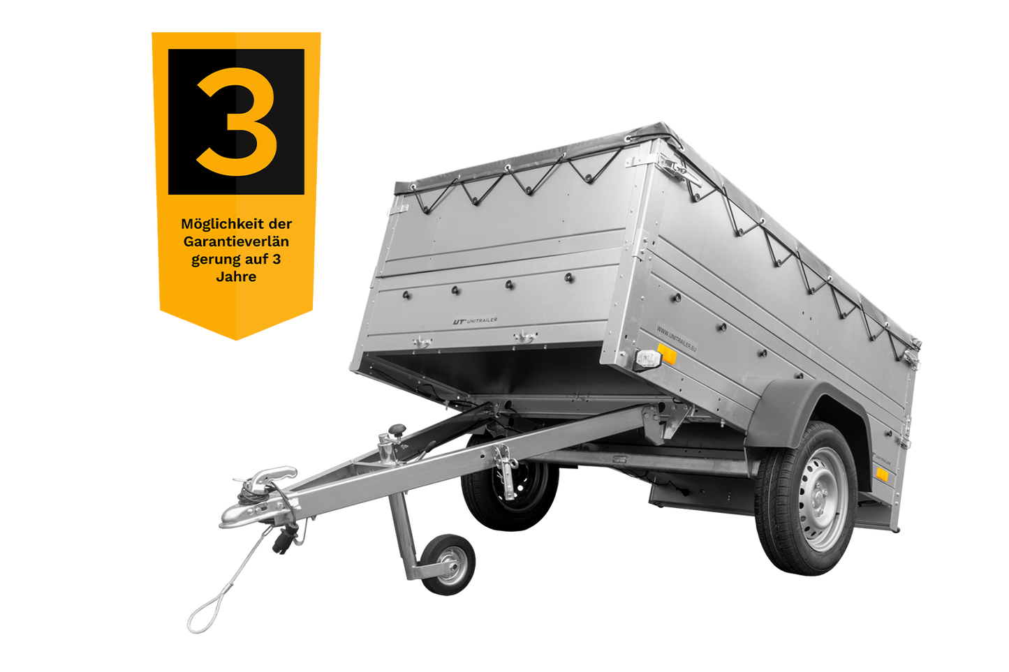 Remolque basculante para coche 750 kg GARDEN TRAILER 201 KIPP con paredes laterales adicionales, rueda de apoyo y lona plana gris