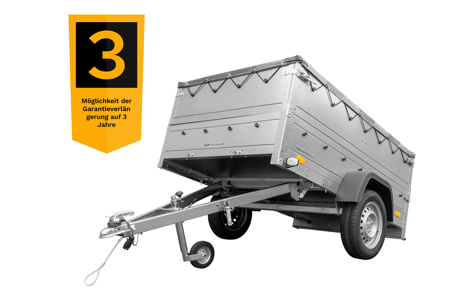 Remolque basculante para coche 750 kg GARDEN TRAILER 201 KIPP con paredes laterales adicionales, rueda de apoyo y lona plana gris