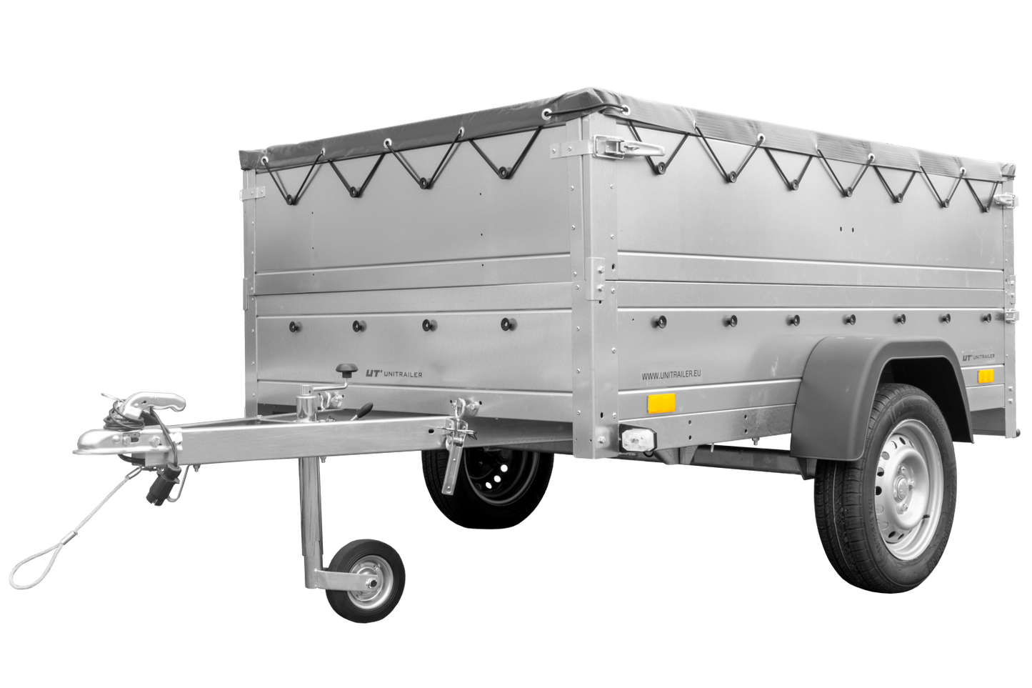 Remolque basculante para coche 750 kg GARDEN TRAILER 201 KIPP con paredes laterales adicionales, rueda de apoyo y lona plana gris
