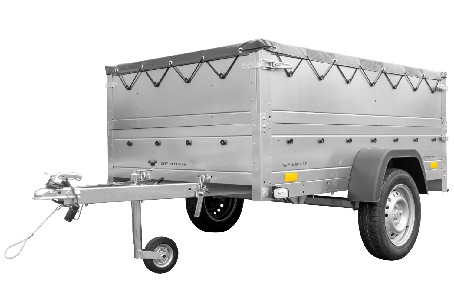 Remolque basculante para coche 750 kg GARDEN TRAILER 201 KIPP con paredes laterales adicionales, rueda de apoyo y lona plana gris