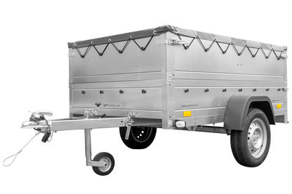 Remolque basculante para coche 750 kg GARDEN TRAILER 201 KIPP con paredes laterales adicionales, rueda de apoyo y lona plana gris