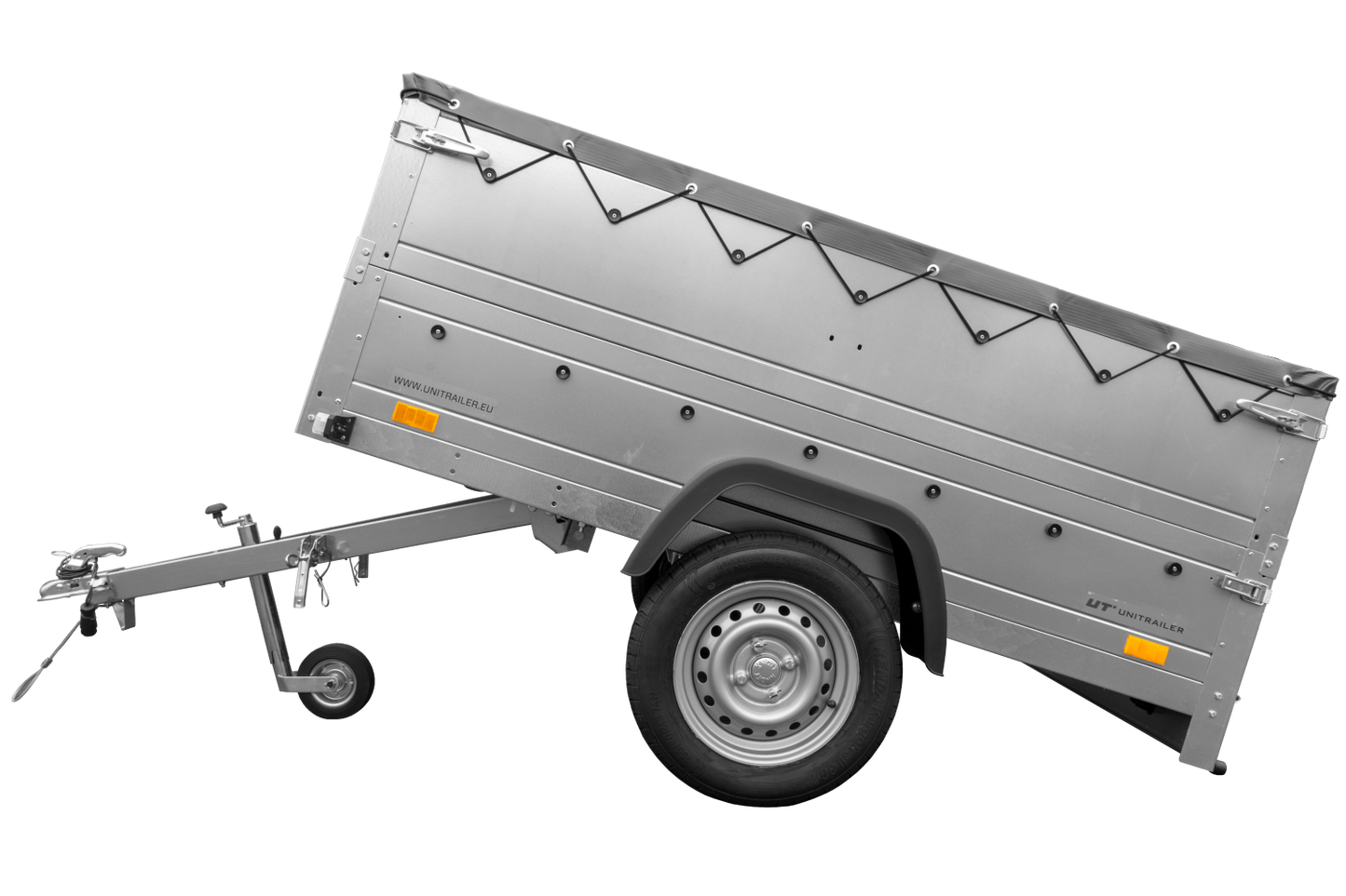 Remolque basculante para coche 750 kg GARDEN TRAILER 201 KIPP con paredes laterales adicionales, rueda de apoyo y lona plana gris