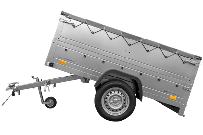 Remolque basculante para coche 750 kg GARDEN TRAILER 201 KIPP con paredes laterales adicionales, rueda de apoyo y lona plana gris