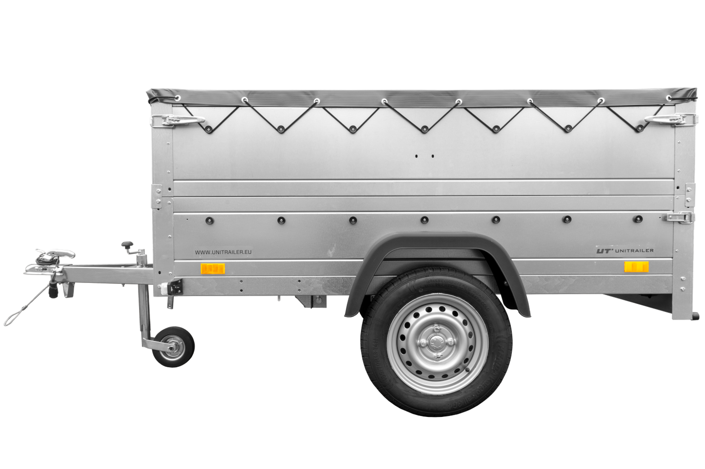 Remolque basculante para coche 750 kg GARDEN TRAILER 201 KIPP con paredes laterales adicionales, rueda de apoyo y lona plana gris