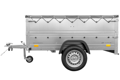 Remolque basculante para coche 750 kg GARDEN TRAILER 201 KIPP con paredes laterales adicionales, rueda de apoyo y lona plana gris