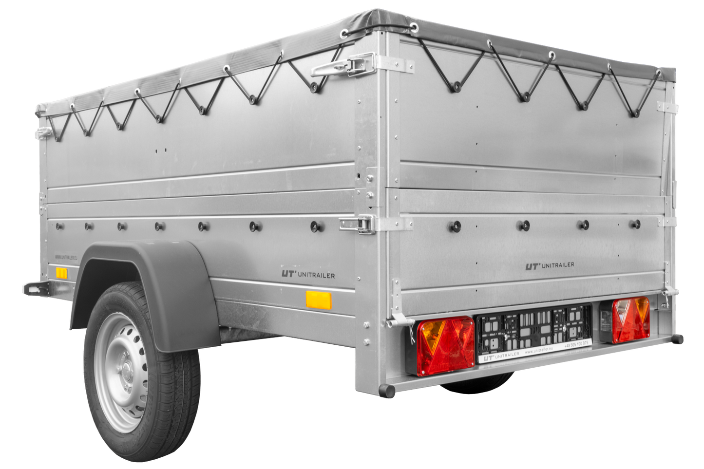 Remolque basculante para coche 750 kg GARDEN TRAILER 201 KIPP con paredes laterales adicionales, rueda de apoyo y lona plana gris