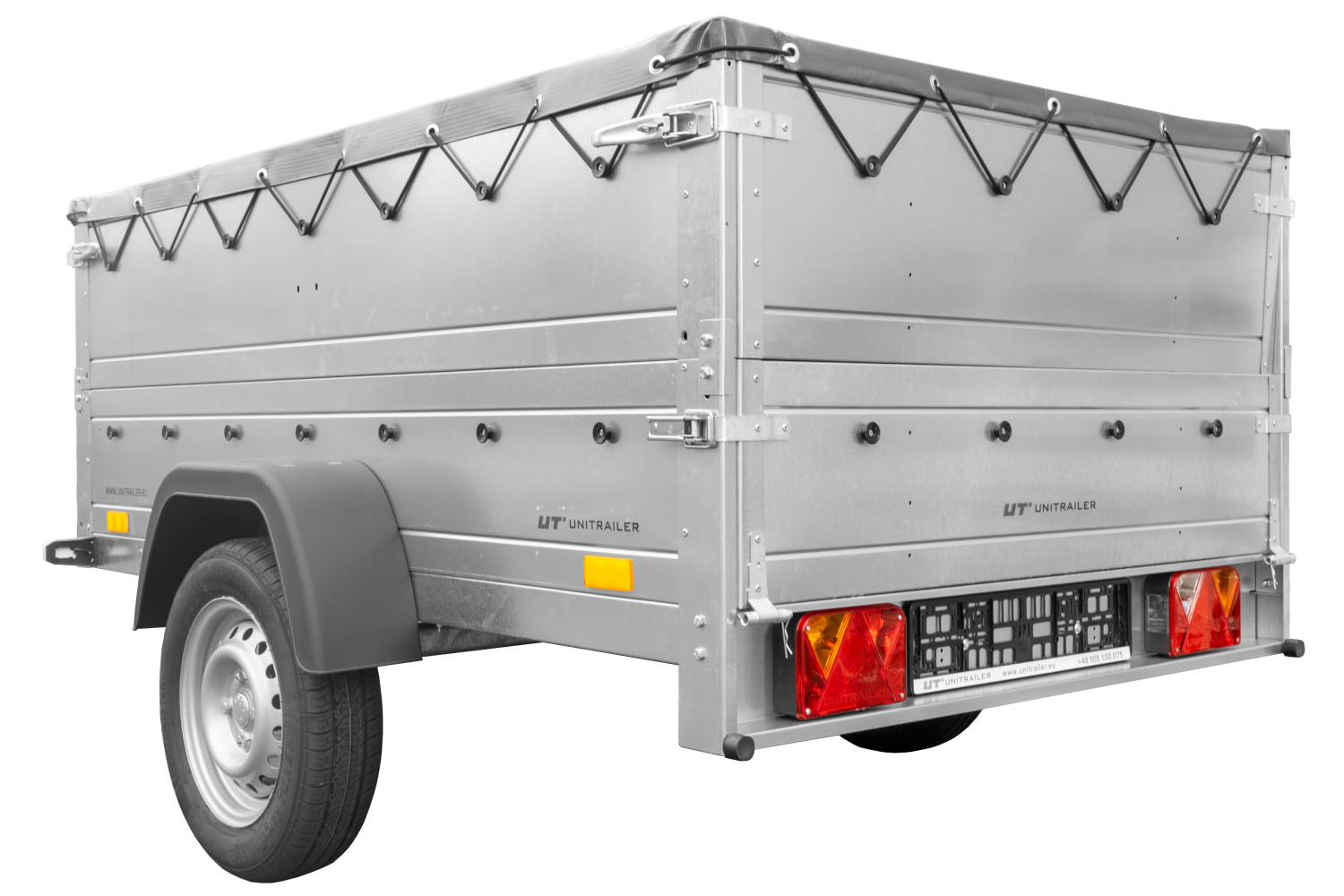 Remolque basculante para coche 750 kg GARDEN TRAILER 201 KIPP con paredes laterales adicionales, rueda de apoyo y lona plana gris