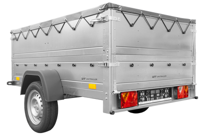 Remolque basculante para coche 750 kg GARDEN TRAILER 201 KIPP con paredes laterales adicionales, rueda de apoyo y lona plana gris