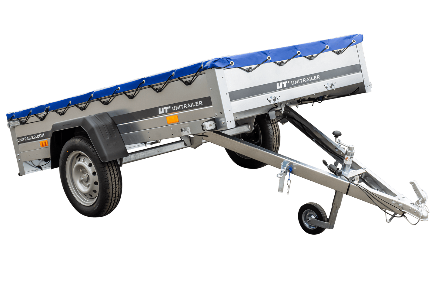 Remolque basculante para coche Garden Trailer 230 KIPP [230 cm x 125 cm] con lona plana, rueda de apoyo y soporte para lona