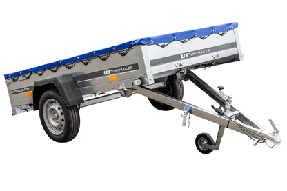 Remolque basculante para coche Garden Trailer 230 KIPP [230 cm x 125 cm] con lona plana, rueda de apoyo y soporte para lona