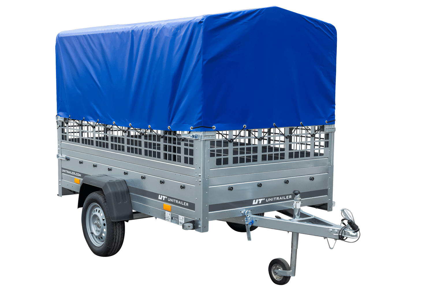 Remolque con lona 230x125 Garden Trailer 230 BASCULANTE con rejilla para hojas, lona alta azul, estructura alta y rueda de apoyo