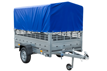 Remolque con lona 230x125 Garden Trailer 230 BASCULANTE con rejilla para hojas, lona alta azul, estructura alta y rueda de apoyo