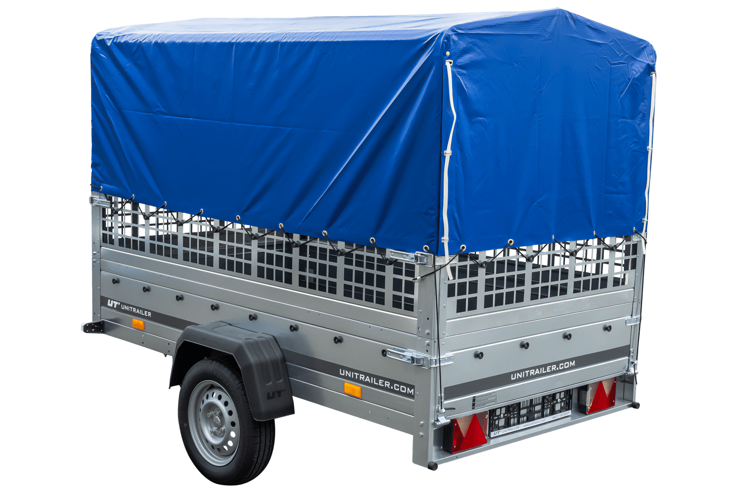 Remolque con lona 230x125 Garden Trailer 230 BASCULANTE con rejilla para hojas, lona alta azul, estructura alta y rueda de apoyo