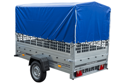Remolque con lona 230x125 Garden Trailer 230 BASCULANTE con rejilla para hojas, lona alta azul, estructura alta y rueda de apoyo