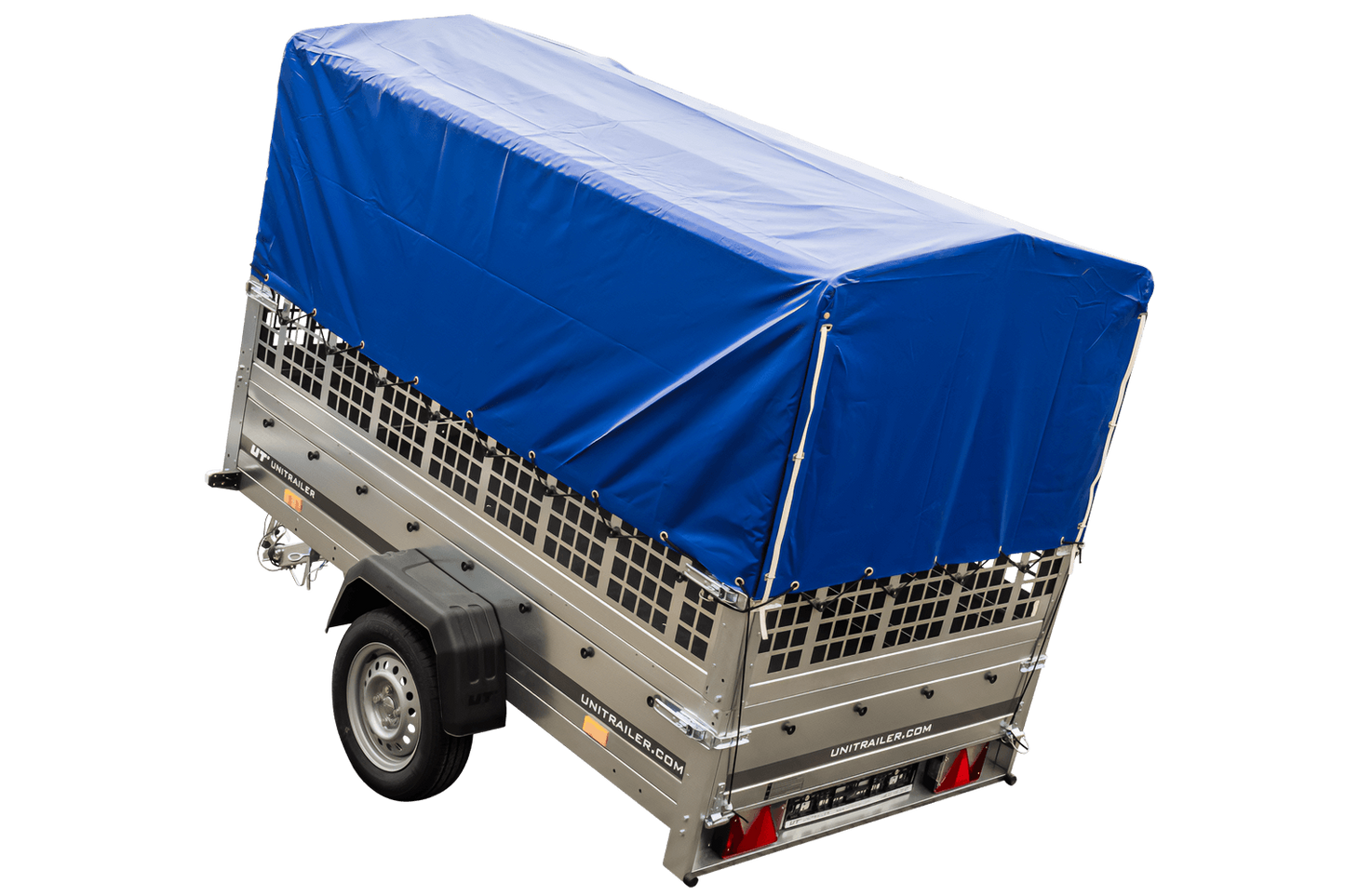 Remolque con lona 230x125 Garden Trailer 230 BASCULANTE con rejilla para hojas, lona alta azul, estructura alta y rueda de apoyo