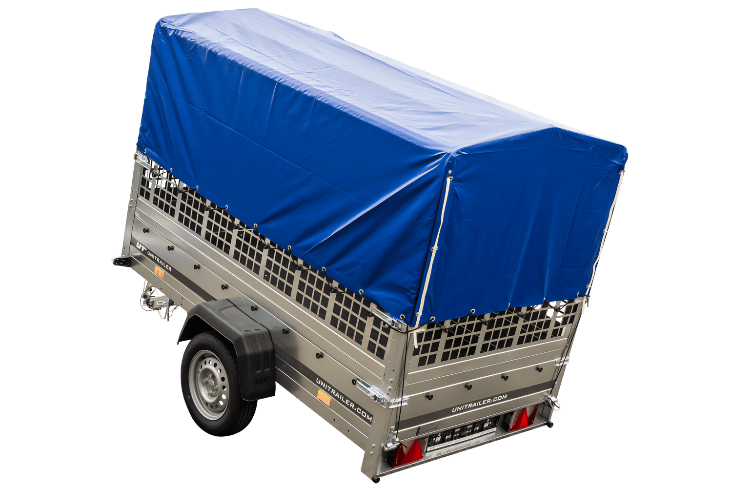 Remolque con lona 230x125 Garden Trailer 230 BASCULANTE con rejilla para hojas, lona alta azul, estructura alta y rueda de apoyo