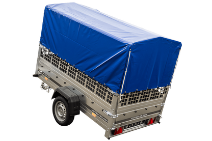 Remolque con lona 230x125 Garden Trailer 230 BASCULANTE con rejilla para hojas, lona alta azul, estructura alta y rueda de apoyo