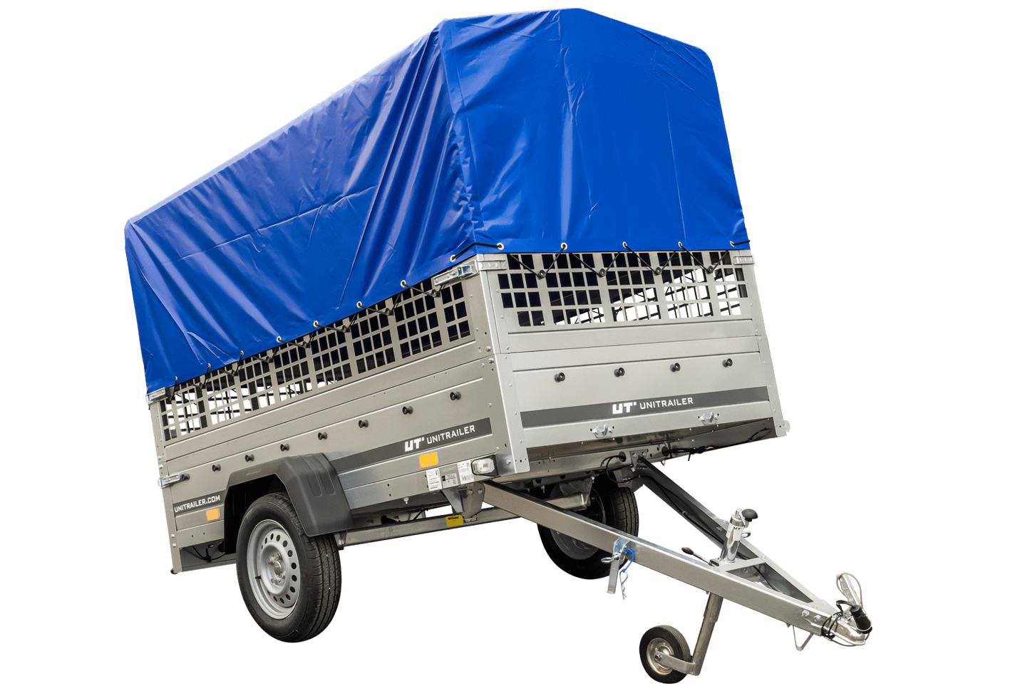 Remolque con lona 230x125 Garden Trailer 230 BASCULANTE con rejilla para hojas, lona alta azul, estructura alta y rueda de apoyo