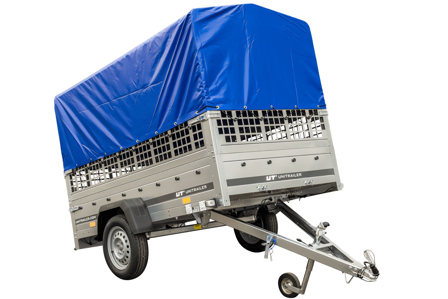 Remolque con lona 230x125 Garden Trailer 230 BASCULANTE con rejilla para hojas, lona alta azul, estructura alta y rueda de apoyo