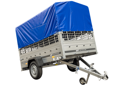 Remolque con lona 230x125 Garden Trailer 230 BASCULANTE con rejilla para hojas, lona alta azul, estructura alta y rueda de apoyo