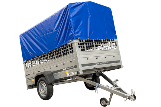 Remolque con lona 230x125 Garden Trailer 230 BASCULANTE con rejilla para hojas, lona alta azul, estructura alta y rueda de apoyo