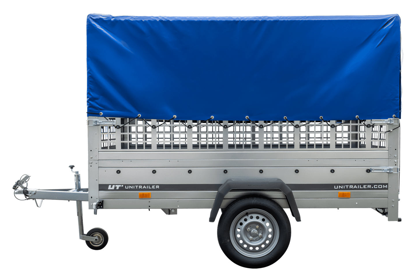 Remolque con lona 230x125 Garden Trailer 230 BASCULANTE con rejilla para hojas, lona alta azul, estructura alta y rueda de apoyo