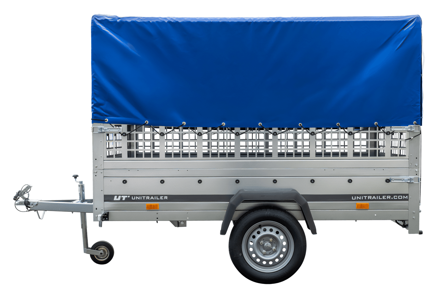 Remolque con lona 230x125 Garden Trailer 230 BASCULANTE con rejilla para hojas, lona alta azul, estructura alta y rueda de apoyo