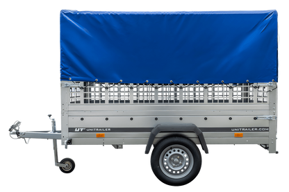 Remolque con lona 230x125 Garden Trailer 230 BASCULANTE con rejilla para hojas, lona alta azul, estructura alta y rueda de apoyo