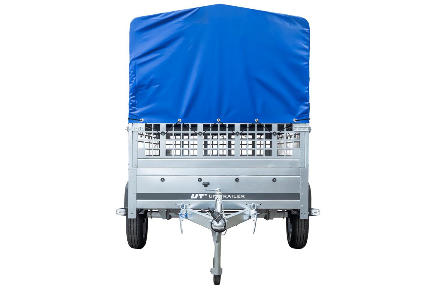Remolque con lona 230x125 Garden Trailer 230 BASCULANTE con rejilla para hojas, lona alta azul, estructura alta y rueda de apoyo