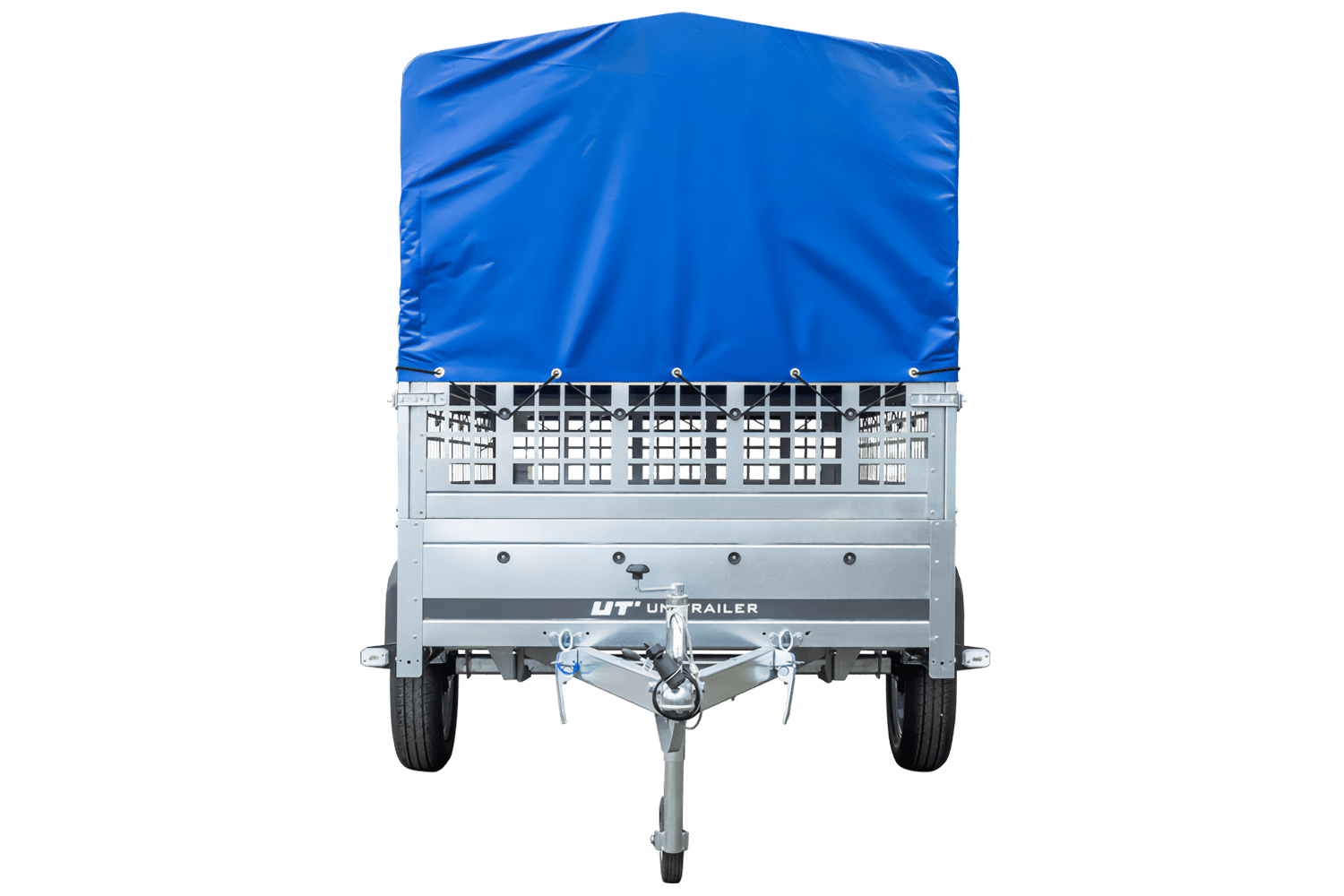 Remolque con lona 230x125 Garden Trailer 230 BASCULANTE con rejilla para hojas, lona alta azul, estructura alta y rueda de apoyo
