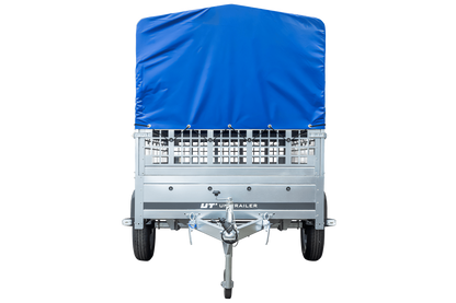 Remolque con lona 230x125 Garden Trailer 230 BASCULANTE con rejilla para hojas, lona alta azul, estructura alta y rueda de apoyo