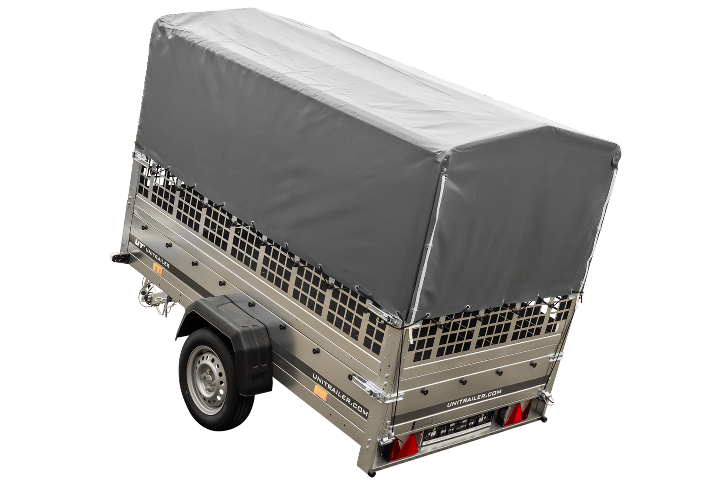 Remolque con lona 230x125 Garden Trailer 230 BASCULANTE con rejilla para hojas, lona alta gris, estructura alta y rueda de apoyo