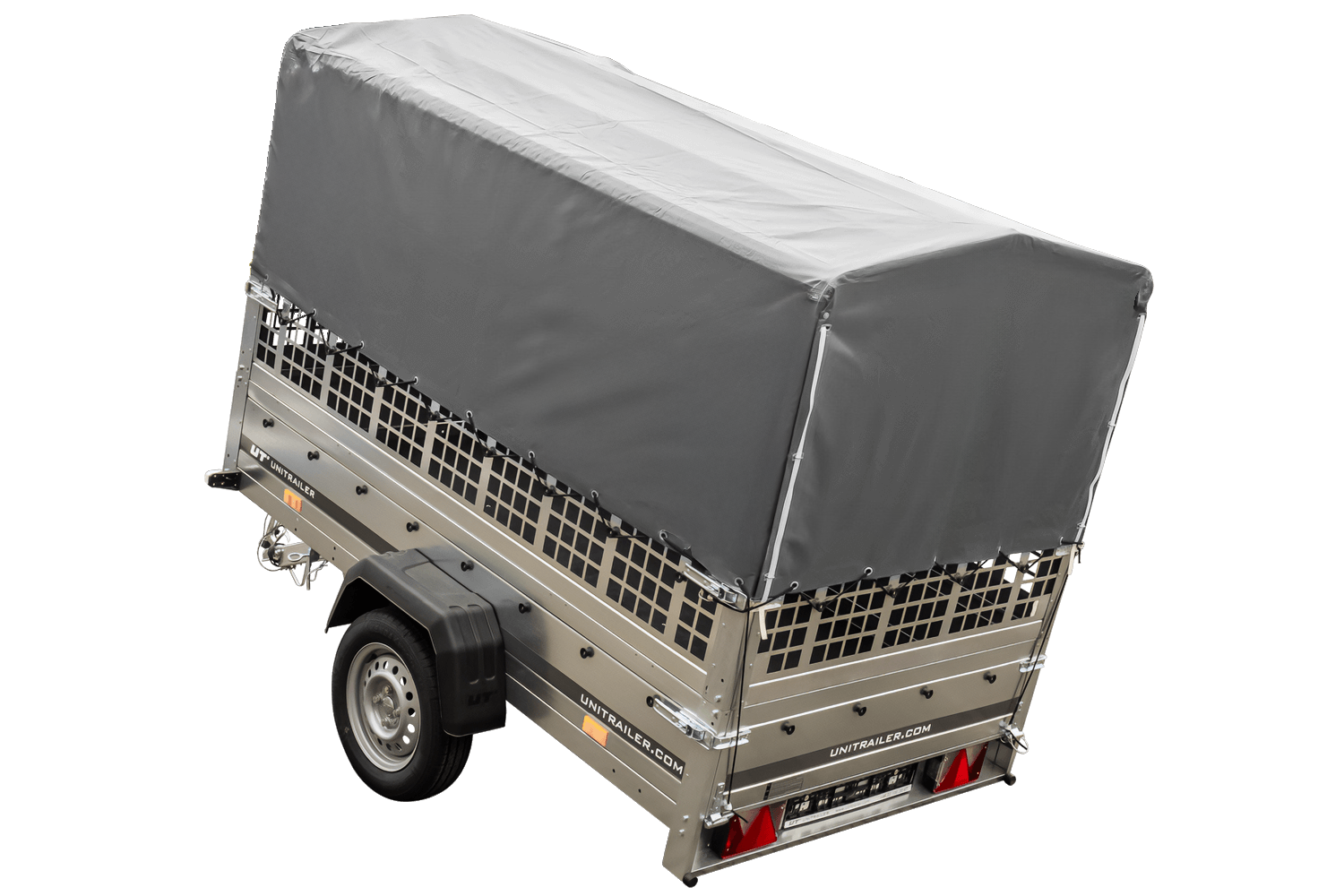 Remolque con lona 230x125 Garden Trailer 230 BASCULANTE con rejilla para hojas, lona alta gris, estructura alta y rueda de apoyo