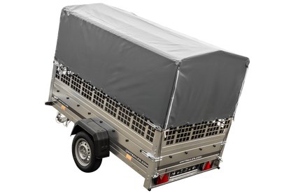 Remolque con lona 230x125 Garden Trailer 230 BASCULANTE con rejilla para hojas, lona alta gris, estructura alta y rueda de apoyo