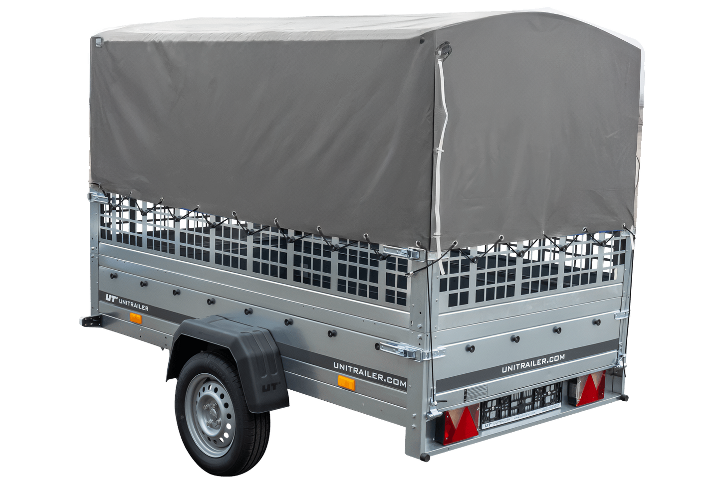 Remolque con lona 230x125 Garden Trailer 230 BASCULANTE con rejilla para hojas, lona alta gris, estructura alta y rueda de apoyo