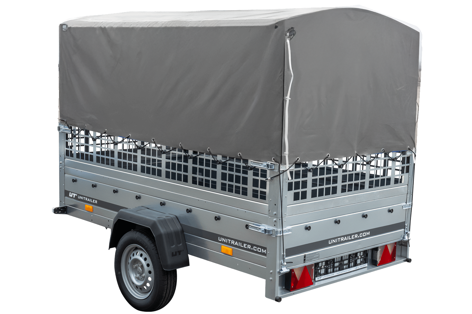 Remolque con lona 230x125 Garden Trailer 230 BASCULANTE con rejilla para hojas, lona alta gris, estructura alta y rueda de apoyo