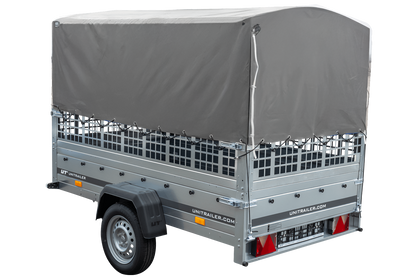 Remolque con lona 230x125 Garden Trailer 230 BASCULANTE con rejilla para hojas, lona alta gris, estructura alta y rueda de apoyo
