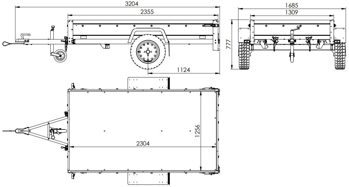 Remolque con lona 230x125 Garden Trailer 230 BASCULANTE con rejilla para hojas, lona alta gris, estructura alta y rueda de apoyo