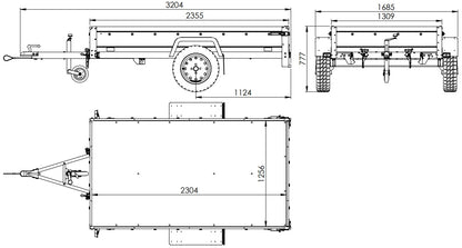 Remolque con lona 230x125 Garden Trailer 230 BASCULANTE con rejilla para hojas, lona alta gris, estructura alta y rueda de apoyo