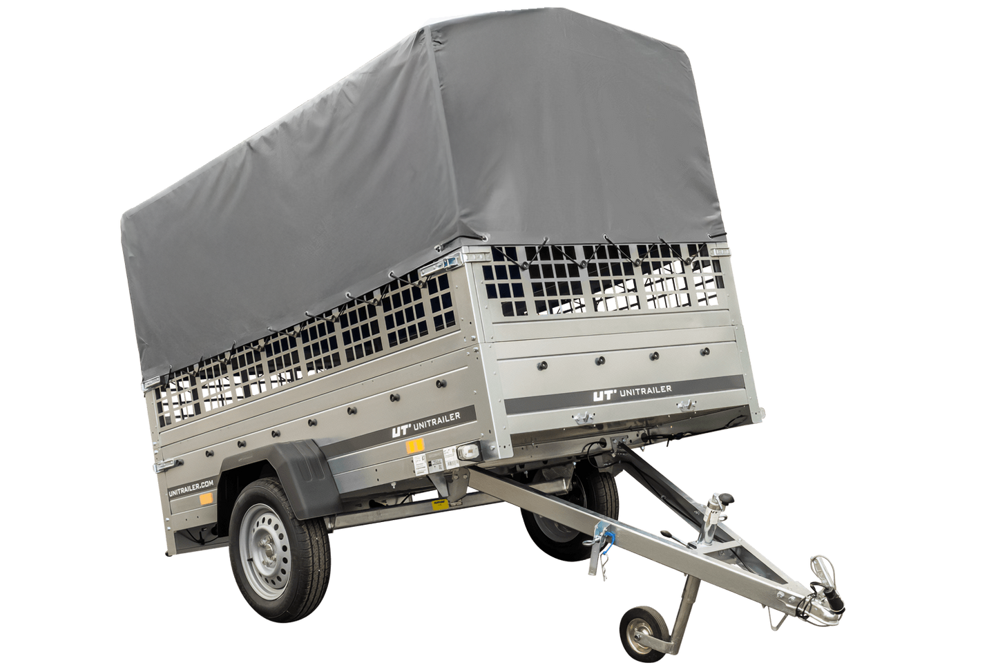 Remolque con lona 230x125 Garden Trailer 230 BASCULANTE con rejilla para hojas, lona alta gris, estructura alta y rueda de apoyo