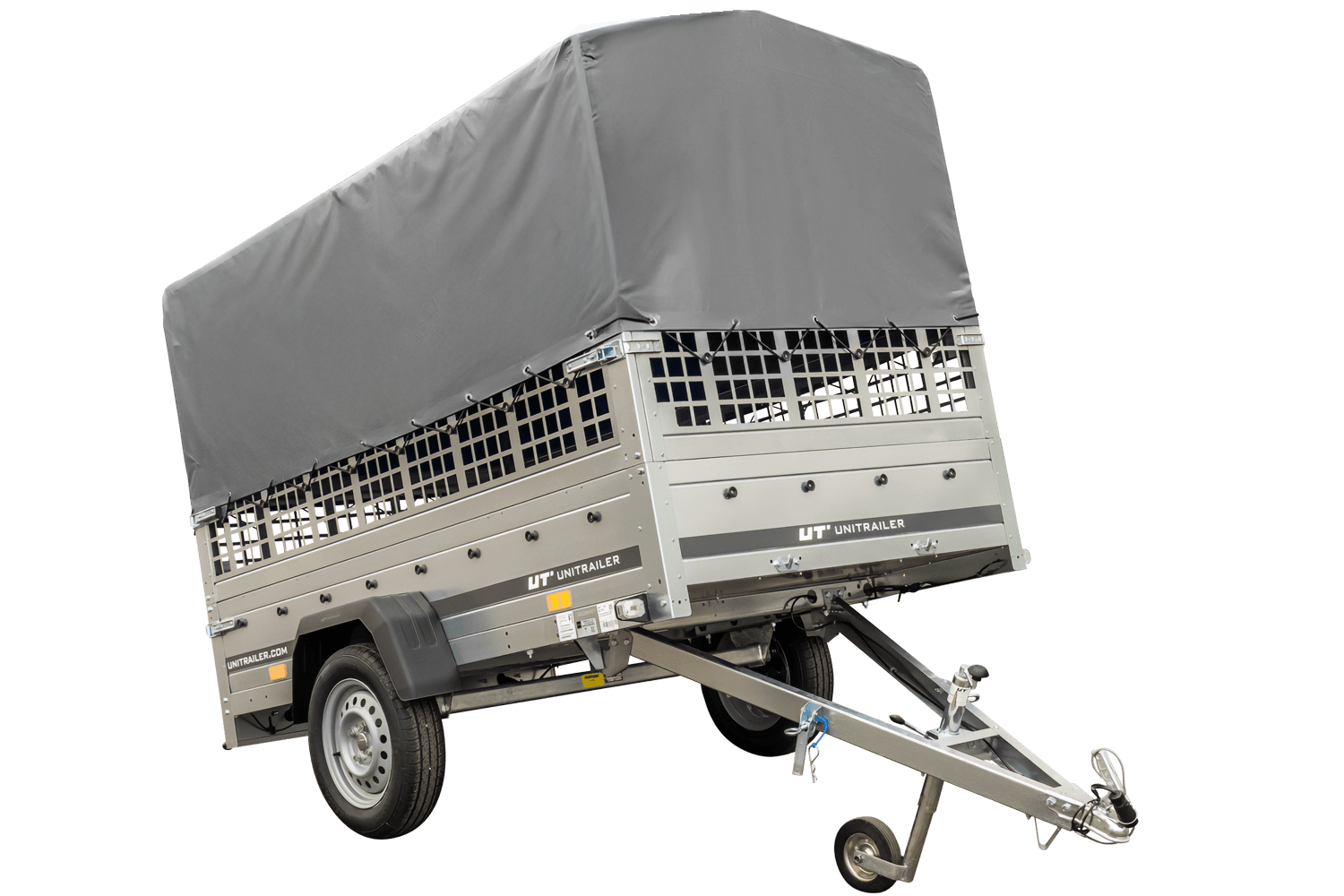 Remolque con lona 230x125 Garden Trailer 230 BASCULANTE con rejilla para hojas, lona alta gris, estructura alta y rueda de apoyo