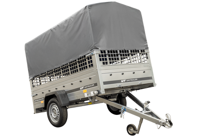 Remolque con lona 230x125 Garden Trailer 230 BASCULANTE con rejilla para hojas, lona alta gris, estructura alta y rueda de apoyo