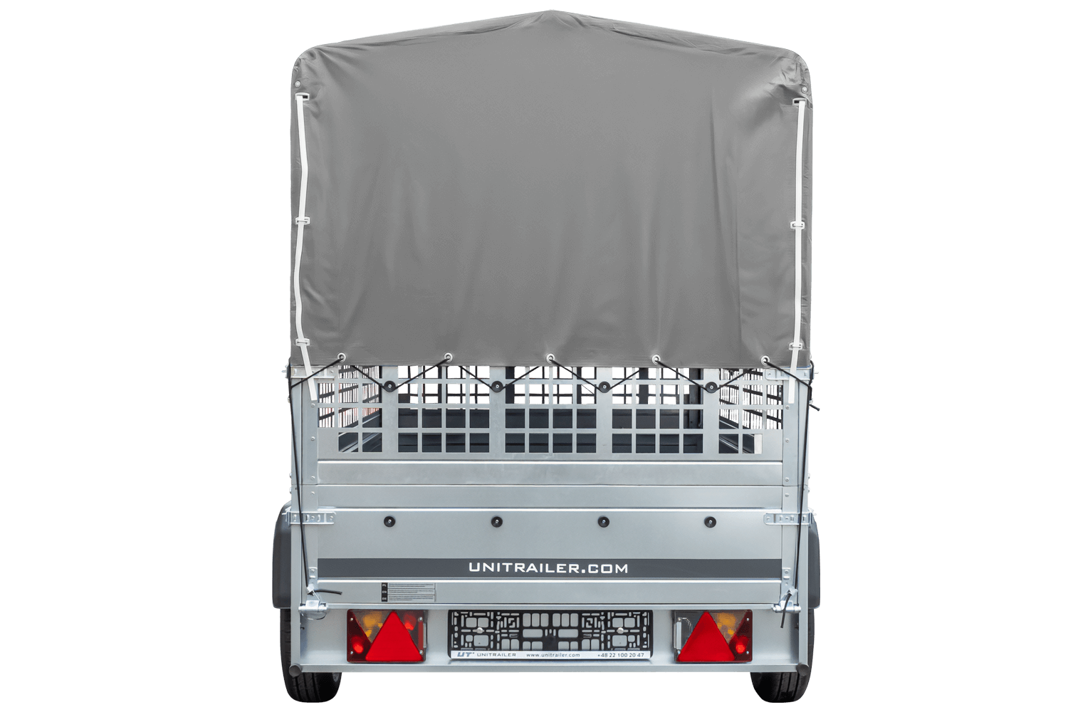 Remolque con lona 230x125 Garden Trailer 230 BASCULANTE con rejilla para hojas, lona alta gris, estructura alta y rueda de apoyo