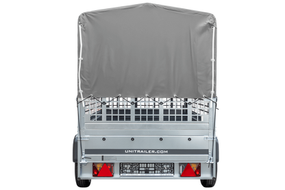 Remolque con lona 230x125 Garden Trailer 230 BASCULANTE con rejilla para hojas, lona alta gris, estructura alta y rueda de apoyo