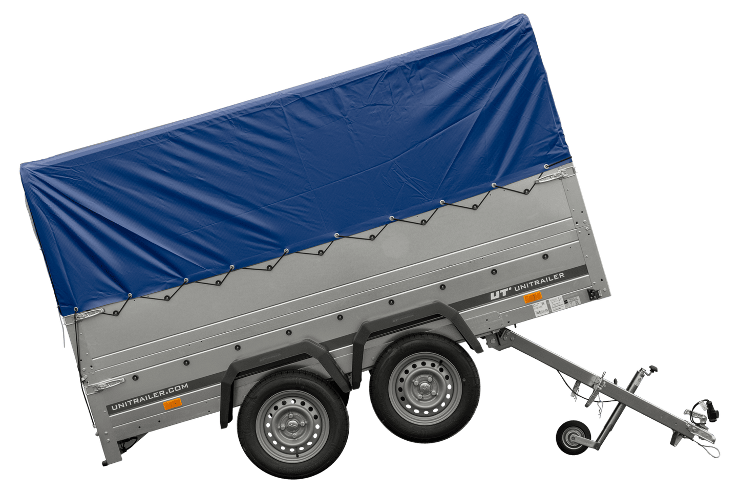 REMOLQUE DE JARDÍN UNITRAILER 264/2 KIPP Remolque de doble eje con rueda de apoyo, paredes laterales adicionales, estructura y lona alta