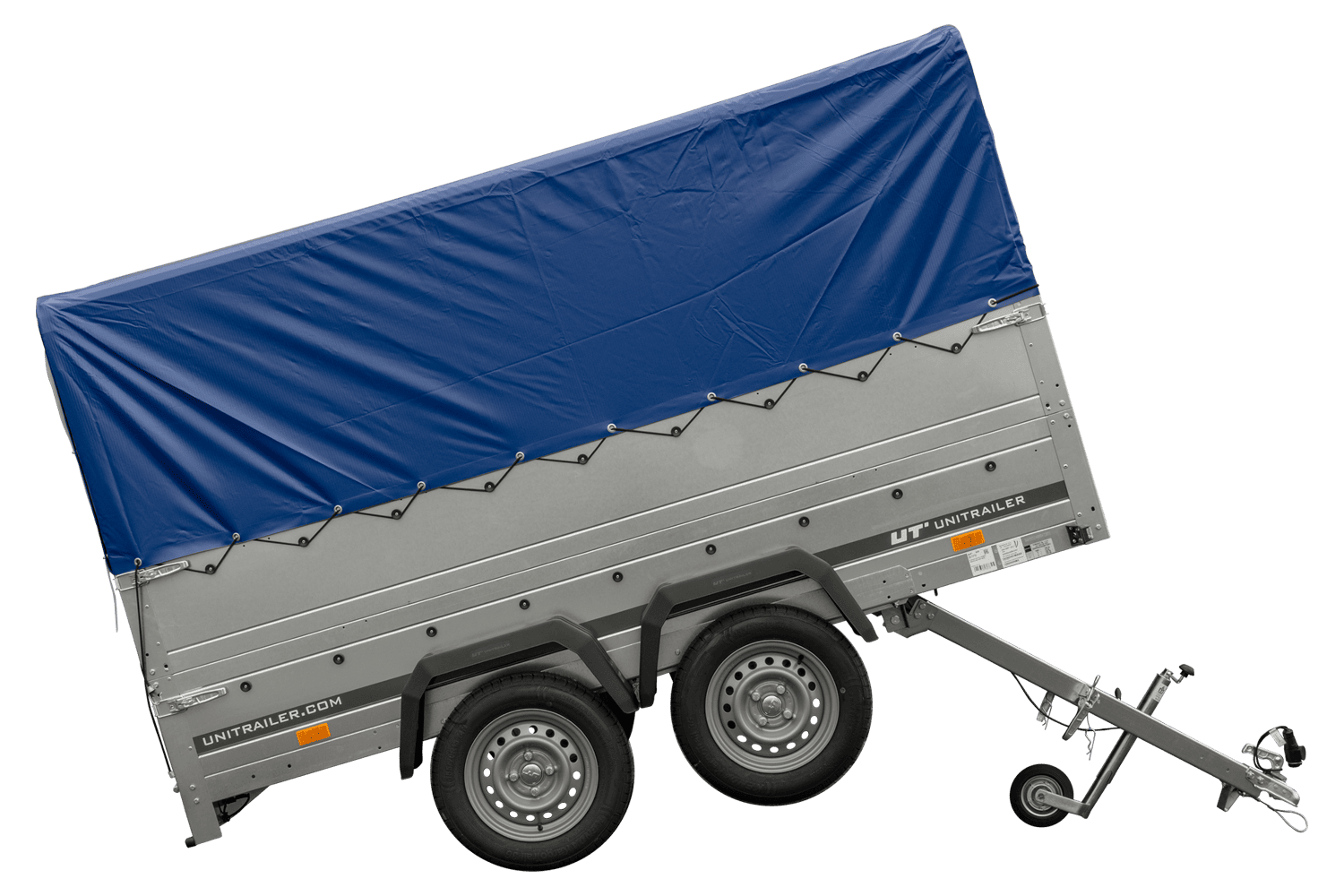 REMOLQUE DE JARDÍN UNITRAILER 264/2 KIPP Remolque de doble eje con rueda de apoyo, paredes laterales adicionales, estructura y lona alta